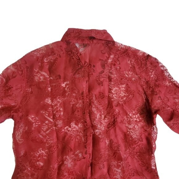 Mirasol Red Floral 3/4 Sleeve Semi-Sheer Button-Up Top Sz M - Picture 4 of 14